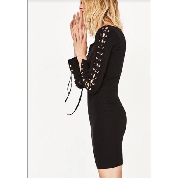 Zara Knit Lace Down Tie Long Sleeve Dress Black Small - Picture 1 of 11